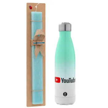 Youtube, Πασχαλινή Λαμπάδα με Μεταλλικό παγούρι θερμός Πράσινο/Λευκό (Stainless steel), διπλού τοιχώματος, 500ml & κερί αρωματικό πλακέ (30cm) (ΤΙΡΚΟΥΑΖ)