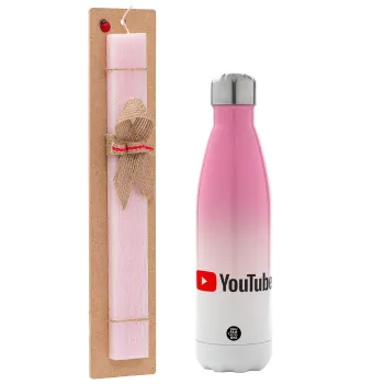 Youtube, Πασχαλινή Λαμπάδα με Μεταλλικό παγούρι θερμός Ροζ/Λευκό (Stainless steel), διπλού τοιχώματος, 500ml & κερί αρωματικό πλακέ (30cm) (ΡΟΖ)