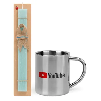 Youtube, Easter Set, metallic thermal cup (300ml) & aromatic flat Easter candle (30cm) (TURQUOISE)
