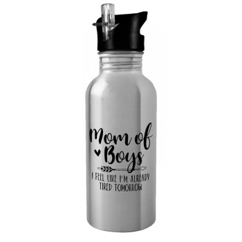 Mom of boys i feel like im already tired tomorrow, Water bottle Silver with straw, stainless steel 600ml