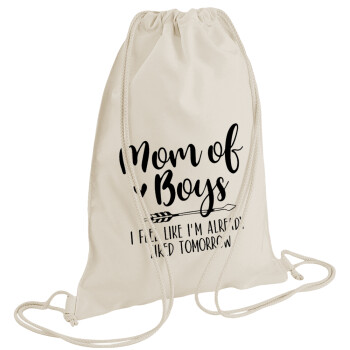 Mom of boys i feel like im already tired tomorrow, Τσάντα πλάτης πουγκί GYMBAG natural (28x40cm)