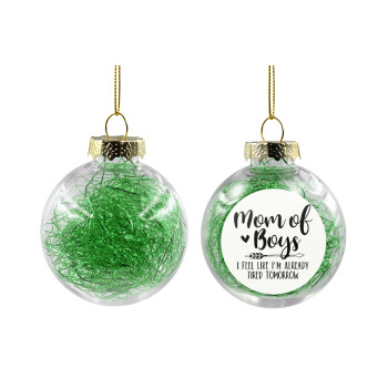 Mom of boys i feel like im already tired tomorrow, Χριστουγεννιάτικη μπάλα δένδρου διάφανη με πράσινο γέμισμα 8cm