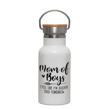 Mom of boys i feel like im already tired tomorrow, Μεταλλικό παγούρι θερμός (Stainless steel) Λευκό με ξύλινο καπακι (bamboo), διπλού τοιχώματος, 350ml