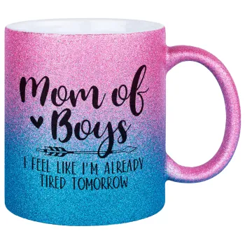 Mom of boys i feel like im already tired tomorrow, Κούπα Χρυσή/Μπλε Glitter, κεραμική, 330ml