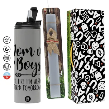 Mom of boys i feel like im already tired tomorrow, Πασχαλινή Λαμπάδα με Travel Tumbler θερμό (600ml, BPA free) & κερί αρωματικό πλακέ (30cm) (ΓΚΡΙ)