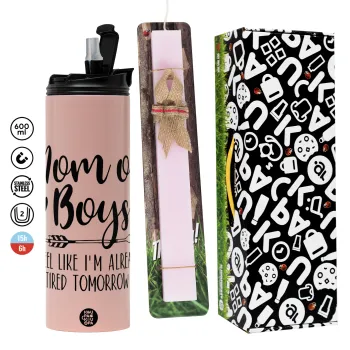 Mom of boys i feel like im already tired tomorrow, Πασχαλινή Λαμπάδα με  ΡΟΖ Travel Tumbler θερμό (600ml, BPA free) & κερί αρωματικό πλακέ (30cm) (ΡΟΖ)