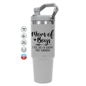 Mom of boys i feel like im already tired tomorrow, ΓΚΡΙ Travel Tumbler Θερμός με χερούλι και καλαμάκι 890ml
