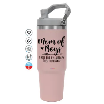 Mom of boys i feel like im already tired tomorrow, ΡΟΖ Travel Tumbler Θερμός με χερούλι και καλαμάκι 890ml