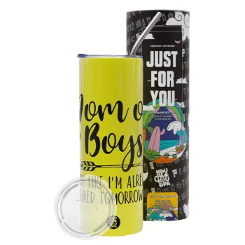 Mom of boys i feel like im already tired tomorrow, Neon Yellow Travel Tumbler θερμό, μεταλλικό καλαμάκι(Ανωξείδωτο 304 Food grade, BPA free, 600ml)