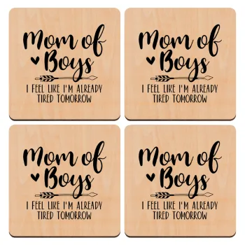 Mom of boys i feel like im already tired tomorrow, ΣΕΤ x4 Σουβέρ ξύλινα τετράγωνα plywood (9cm)