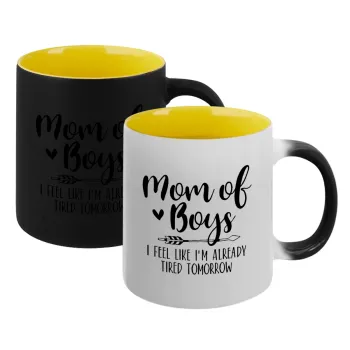 Mom of boys i feel like im already tired tomorrow, Κούπα Μαγική εσωτερικό κίτρινη, κεραμική 330ml που αλλάζει χρώμα με το ζεστό ρόφημα