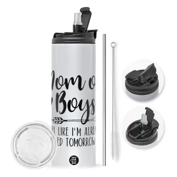 Mom of boys i feel like im already tired tomorrow, Travel Tumbler 2 Lids, with metal straw & cleaning brush (Stainless steel 304 Food grade, BPA free, 600ml)