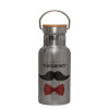 Stainless steel metallic thermos flask, silver with a bamboo lid, double-walled, 350ml.