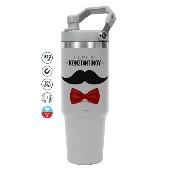 Ο νονός μου, μουστάκι με παπιγιόν, GREY color, 890ml (30oz) stainless Steel Tumbler with Handle