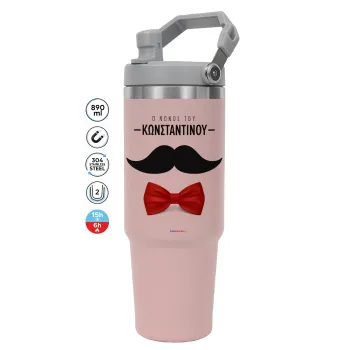 Ο νονός μου, μουστάκι με παπιγιόν, Pink color, 890ml (30oz) stainless Steel Tumbler with Handle