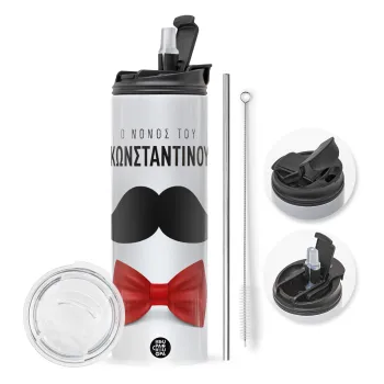 Ο νονός μου, μουστάκι με παπιγιόν, Travel Tumbler θερμό με διπλό καπάκι, μεταλλικό καλαμάκι και βούρτσα καθαρισμού (Ανωξείδωτο 304 Food grade, BPA free, 600ml)