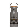 Stainless steel metallic thermos flask, silver with a bamboo lid, double-walled, 350ml.