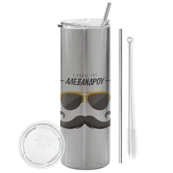 Ο νονός μου, μουστάκι με γυαλιά, Tumbler ποτήρι θερμό Ασημένιο από ανοξείδωτο ατσάλι 600ml, με μεταλλικό καλαμάκι & βούρτσα καθαρισμού