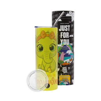 Η νονά μου, ελεφαντάκι ροζ, Neon Yellow Travel Tumbler, with metal straw (Stainless steel 304 Food grade, BPA free, 600ml)
