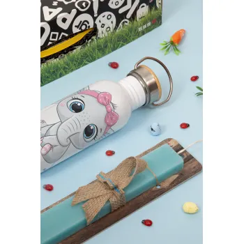 Η νονά μου, ελεφαντάκι ροζ, Πασχαλινή Λαμπάδα με παγούρι μεταλλικό (620ml, stainless steel) & κερί αρωματικό πλακέ (30cm) (ΤΙΡΚΟΥΑΖ)