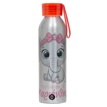 Η νονά μου, ελεφαντάκι ροζ, Αλουμινένιο Αθλητικό Μπουκάλι 650ml – Ασημί με Κόκκινο Καπάκι και Λουράκι Σιλικόνης