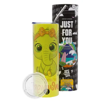 Η νονά μου, ελεφαντάκι ροζ, Neon Yellow Travel Tumbler θερμό, μεταλλικό καλαμάκι(Ανωξείδωτο 304 Food grade, BPA free, 600ml)