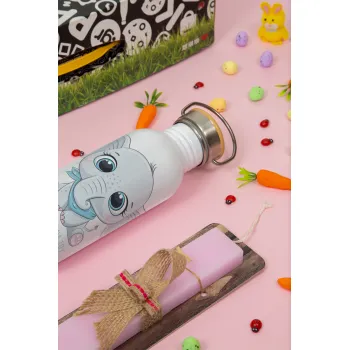 Η νονά μου, ελεφαντάκι γαλάζιο, Πασχαλινή Λαμπάδα με παγούρι μεταλλικό (620ml, stainless steel) & κερί αρωματικό πλακέ (30cm) (ΡΟΖ)