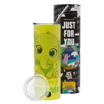 Η νονά μου, ελεφαντάκι γαλάζιο, Neon Yellow Travel Tumbler θερμό, μεταλλικό καλαμάκι(Ανωξείδωτο 304 Food grade, BPA free, 600ml)