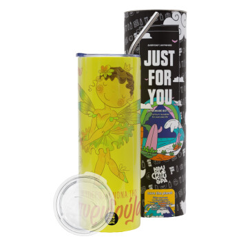 Η νονά μου, Νεράϊδα, Neon Yellow Travel Tumbler, with metal straw (Stainless steel 304 Food grade, BPA free, 600ml)
