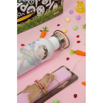 Η νονά μου, Νεράϊδα, Πασχαλινή Λαμπάδα με παγούρι μεταλλικό (620ml, stainless steel) & κερί αρωματικό πλακέ (30cm) (ΡΟΖ)