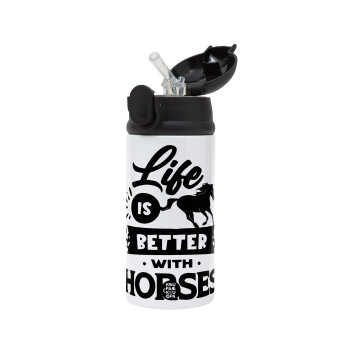 Life is Better with a Horses, Children's hot water bottle, stainless steel, with safety straw, Black (360ml) BPA-FREE