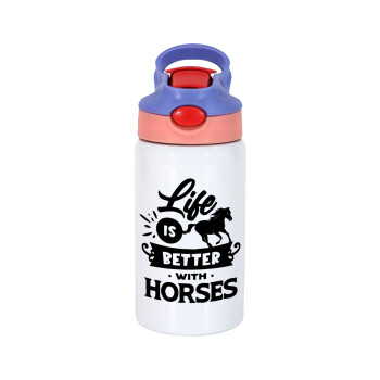 Life is Better with a Horses, Children's hot water bottle, stainless steel, with safety straw, pink/purple (350ml)