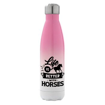 Life is Better with a Horses, Μεταλλικό παγούρι θερμός Ροζ/Λευκό (Stainless steel), διπλού τοιχώματος, 500ml