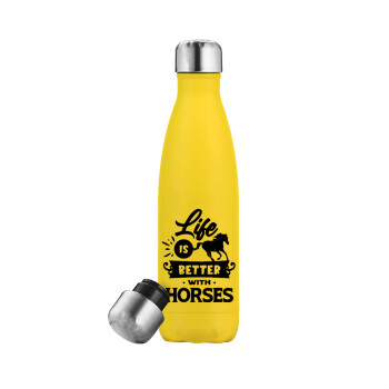 Life is Better with a Horses, Μεταλλικό παγούρι θερμός Κίτρινος (Stainless steel), διπλού τοιχώματος, 500ml