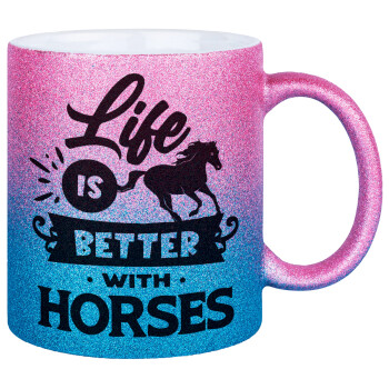 Life is Better with a Horses, Κούπα Χρυσή/Μπλε Glitter, κεραμική, 330ml