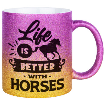 Life is Better with a Horses, Κούπα Χρυσή/Ροζ Glitter, κεραμική, 330ml