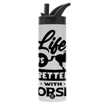 Life is Better with a Horses, Μεταλλικό παγούρι θερμός με καλαμάκι & χειρολαβή, ανοξείδωτο ατσάλι (Stainless steel 304), διπλού τοιχώματος, 600ml