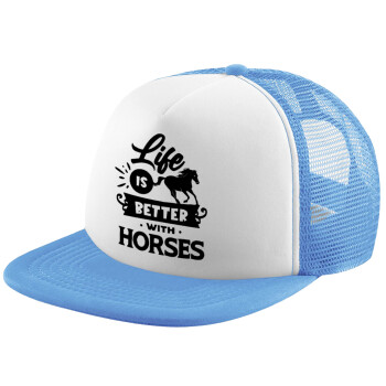 Life is Better with a Horses, Καπέλο παιδικό Soft Trucker με Δίχτυ ΓΑΛΑΖΙΟ/ΛΕΥΚΟ (POLYESTER, ΠΑΙΔΙΚΟ, ONE SIZE)