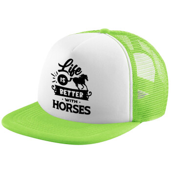 Life is Better with a Horses, Καπέλο παιδικό Soft Trucker με Δίχτυ ΠΡΑΣΙΝΟ/ΛΕΥΚΟ (POLYESTER, ΠΑΙΔΙΚΟ, ONE SIZE)