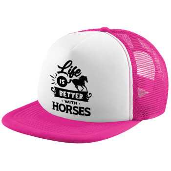 Life is Better with a Horses, Καπέλο παιδικό Soft Trucker με Δίχτυ ΡΟΖ/ΛΕΥΚΟ (POLYESTER, ΠΑΙΔΙΚΟ, ONE SIZE)