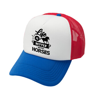 Life is Better with a Horses, Καπέλο Soft Trucker με Δίχτυ Red/Blue/White 