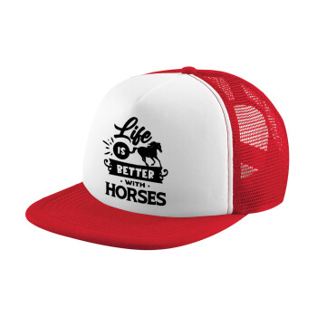 Life is Better with a Horses, Καπέλο Ενηλίκων Soft Trucker με Δίχτυ Red/White (POLYESTER, ΕΝΗΛΙΚΩΝ, UNISEX, ONE SIZE)