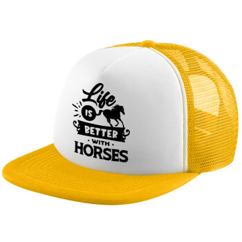 Life is Better with a Horses, Καπέλο παιδικό Soft Trucker με Δίχτυ ΚΙΤΡΙΝΟ/ΛΕΥΚΟ (POLYESTER, ΠΑΙΔΙΚΟ, ONE SIZE)
