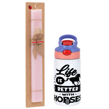 Life is Better with a Horses, Easter Set, Children's thermal stainless steel water bottle with safety straw, pink/purple (350ml) & Easter scented flat candle (30cm) (PINK)