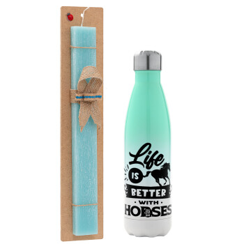 Life is Better with a Horses, Easter Set, Metallic green/white thermos (Stainless steel), double-walled, 500ml & scented flat Easter candle (30cm) (TURQUOISE)