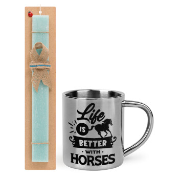 Life is Better with a Horses, Πασχαλινό Σετ, μεταλλική κούπα θερμό (300ml) & πασχαλινή λαμπάδα αρωματική πλακέ (30cm) (ΤΙΡΚΟΥΑΖ)