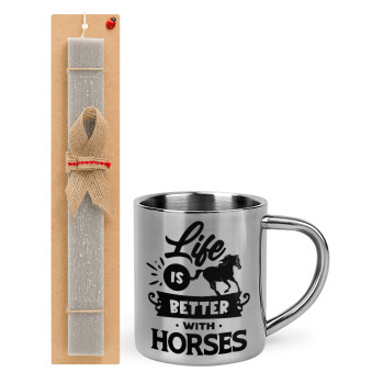 Life is Better with a Horses, Πασχαλινή Λαμπάδα με μεταλλική κούπα θερμό (300ml) & κερί αρωματικό πλακέ (30cm) (ΓΚΡΙ)