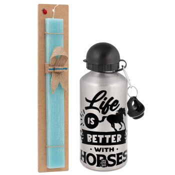 Life is Better with a Horses, Πασχαλινό Σετ, παγούρι μεταλλικό Ασημένιο αλουμινίου (500ml) & πασχαλινή λαμπάδα αρωματική πλακέ (30cm) (ΤΙΡΚΟΥΑΖ)