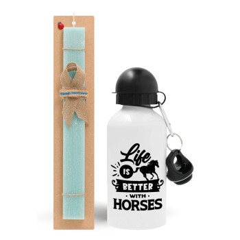 Life is Better with a Horses, Πασχαλινό Σετ, παγούρι μεταλλικό αλουμινίου (500ml) & λαμπάδα αρωματική πλακέ (30cm) (ΤΙΡΚΟΥΑΖ)