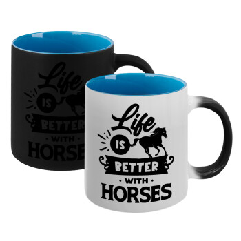 Life is Better with a Horses, Κούπα Μαγική εσωτερικό μπλε, κεραμική 330ml που αλλάζει χρώμα με το ζεστό ρόφημα (1 τεμάχιο)